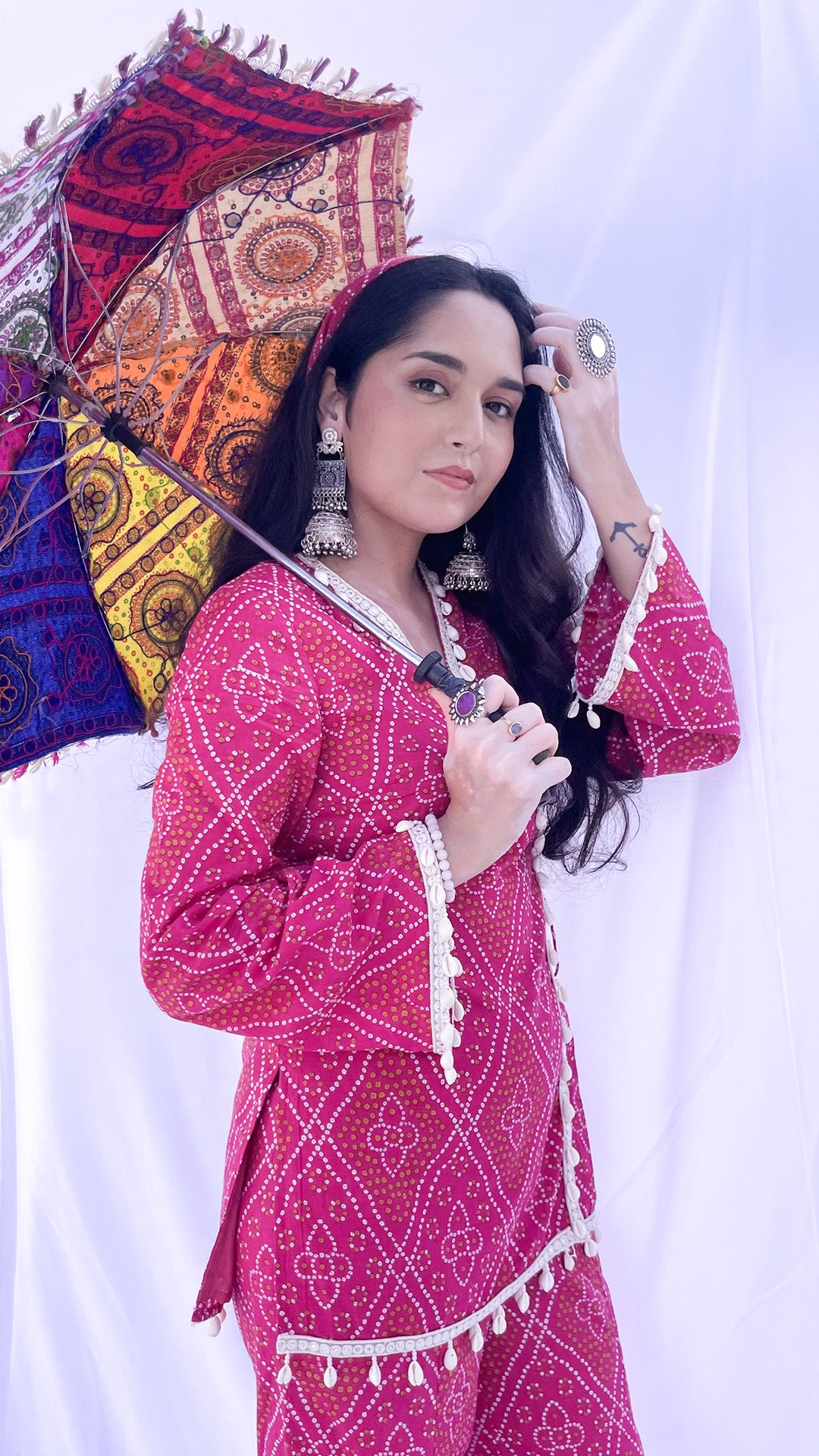 Pink Bandhani Print Co-ord Set with Corset Back & Scarf