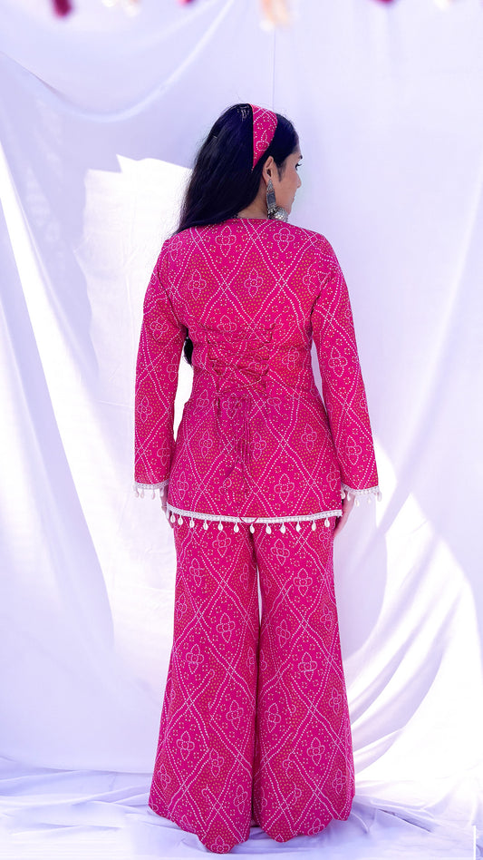 Pink Bandhani Print Co-ord Set with Corset Back & Scarf