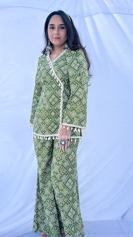 Olive Green Bandhani Print Co-ord Set with Corset Back & Scarf