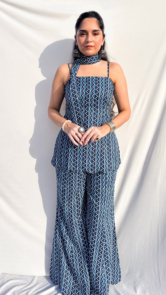Indigo Handblock Printed Corset Sharara Set with Dupatta And Scarf