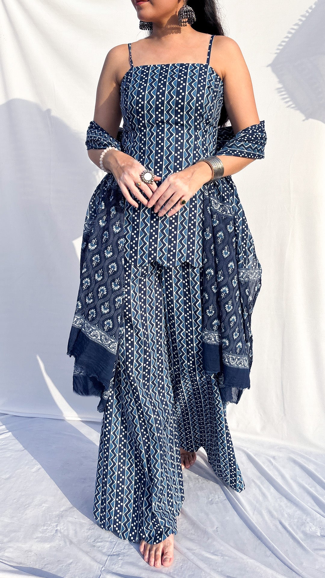 Indigo Handblock Printed Corset Sharara Set with Dupatta And Scarf