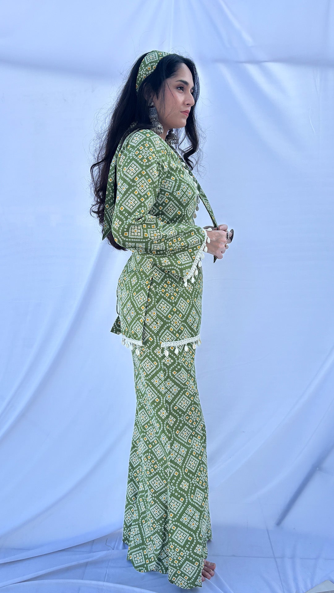 Olive Green Bandhani Print Co-ord Set with Corset Back & Scarf