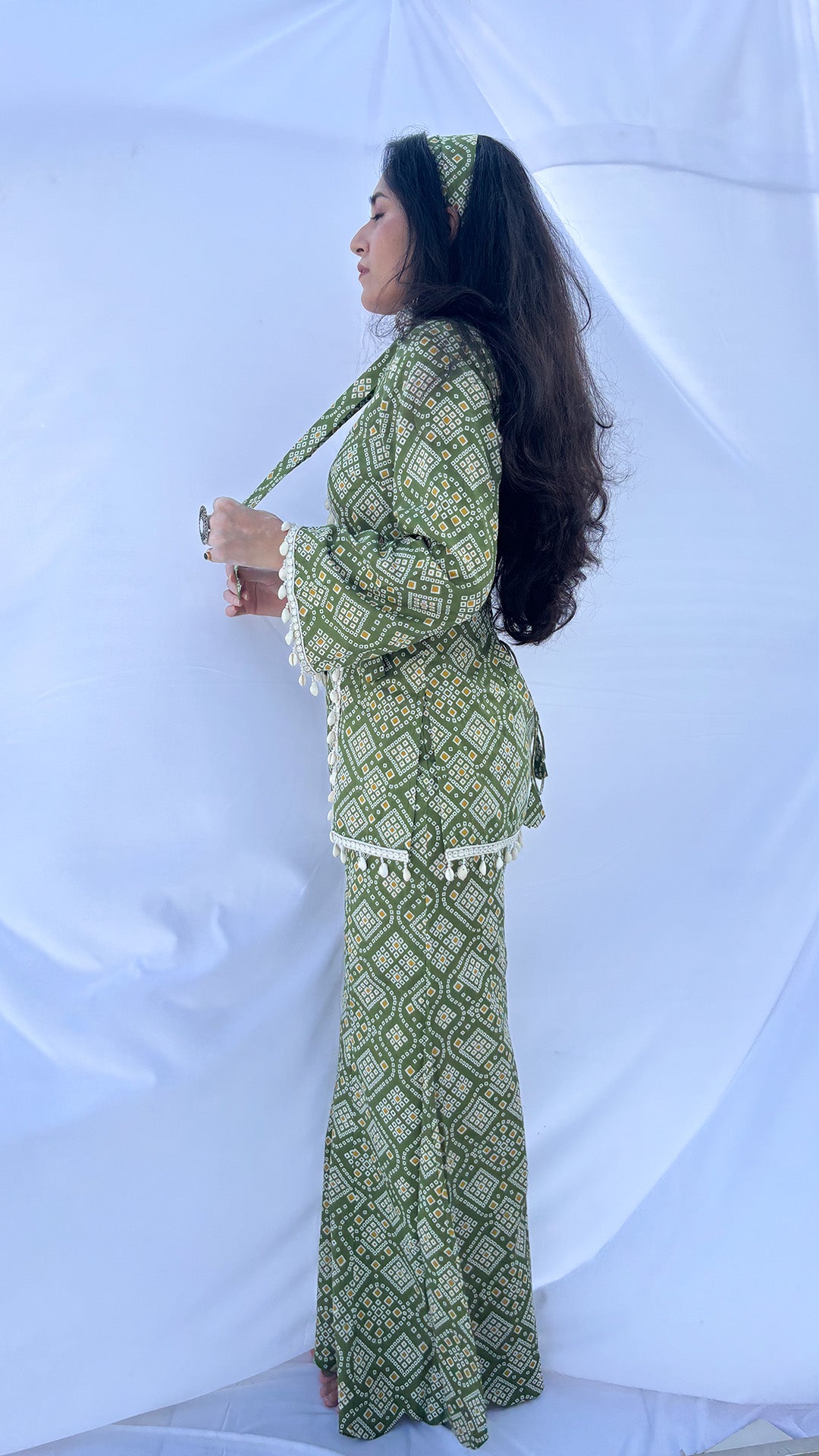 Olive Green Bandhani Print Co-ord Set with Corset Back & Scarf