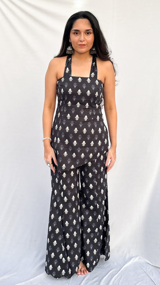 Charcoal black Halter Neck Handblock Printed Corset kurti Set with Scarf