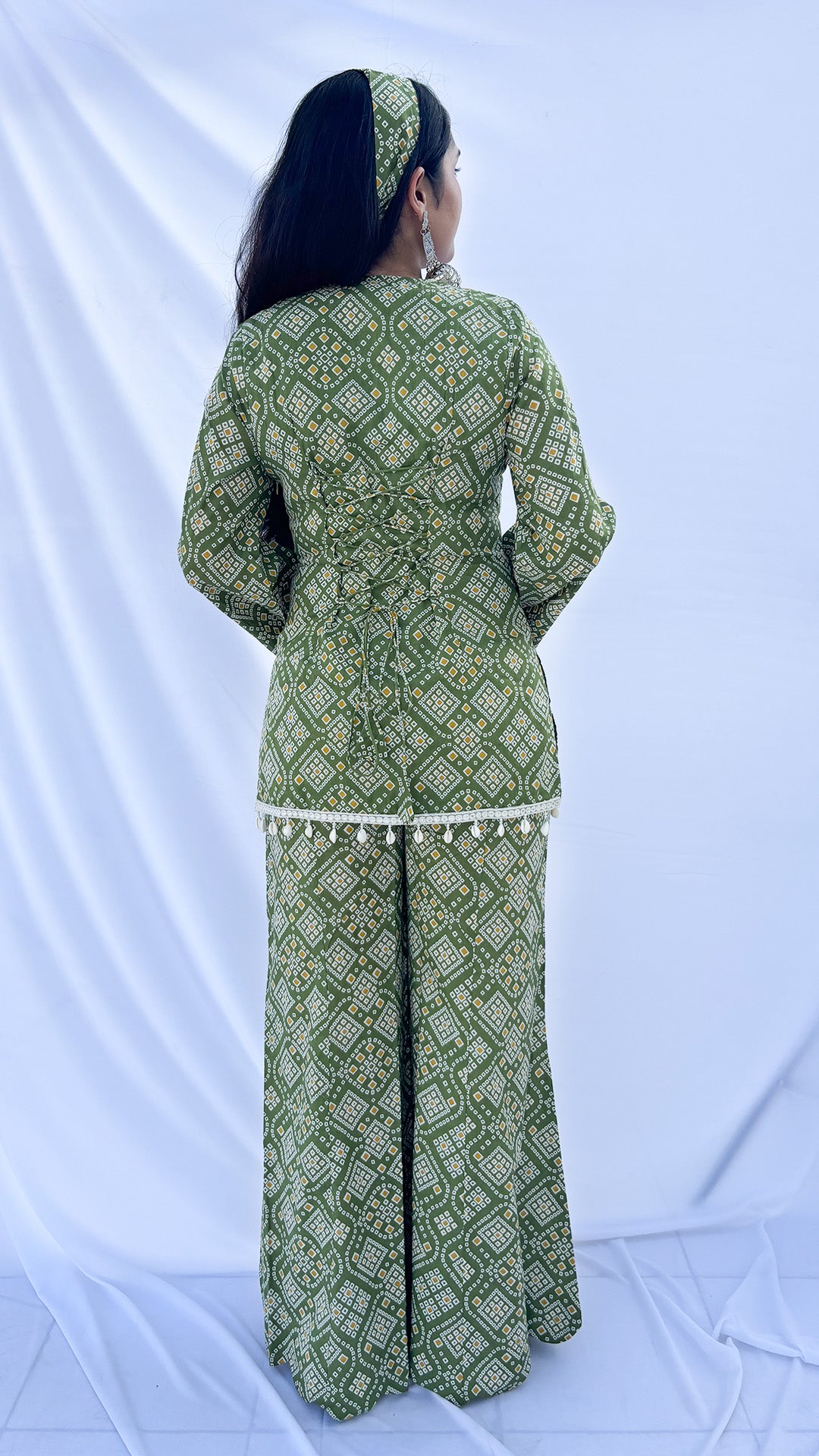 Olive Green Bandhani Print Co-ord Set with Corset Back & Scarf