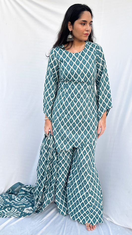 Sky Blue Handblock Printed Corset Kurti Set with Slit Sleeves & Dupatta And Scarf