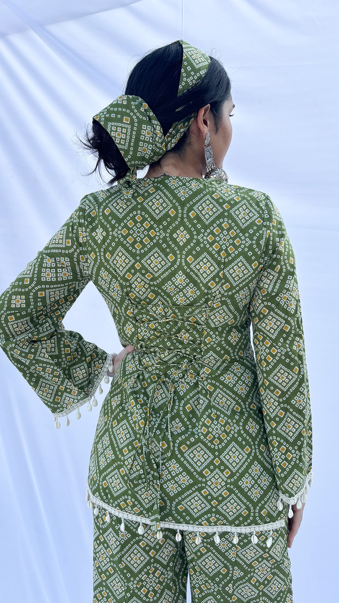 Olive Green Bandhani Print Co-ord Set with Corset Back & Scarf