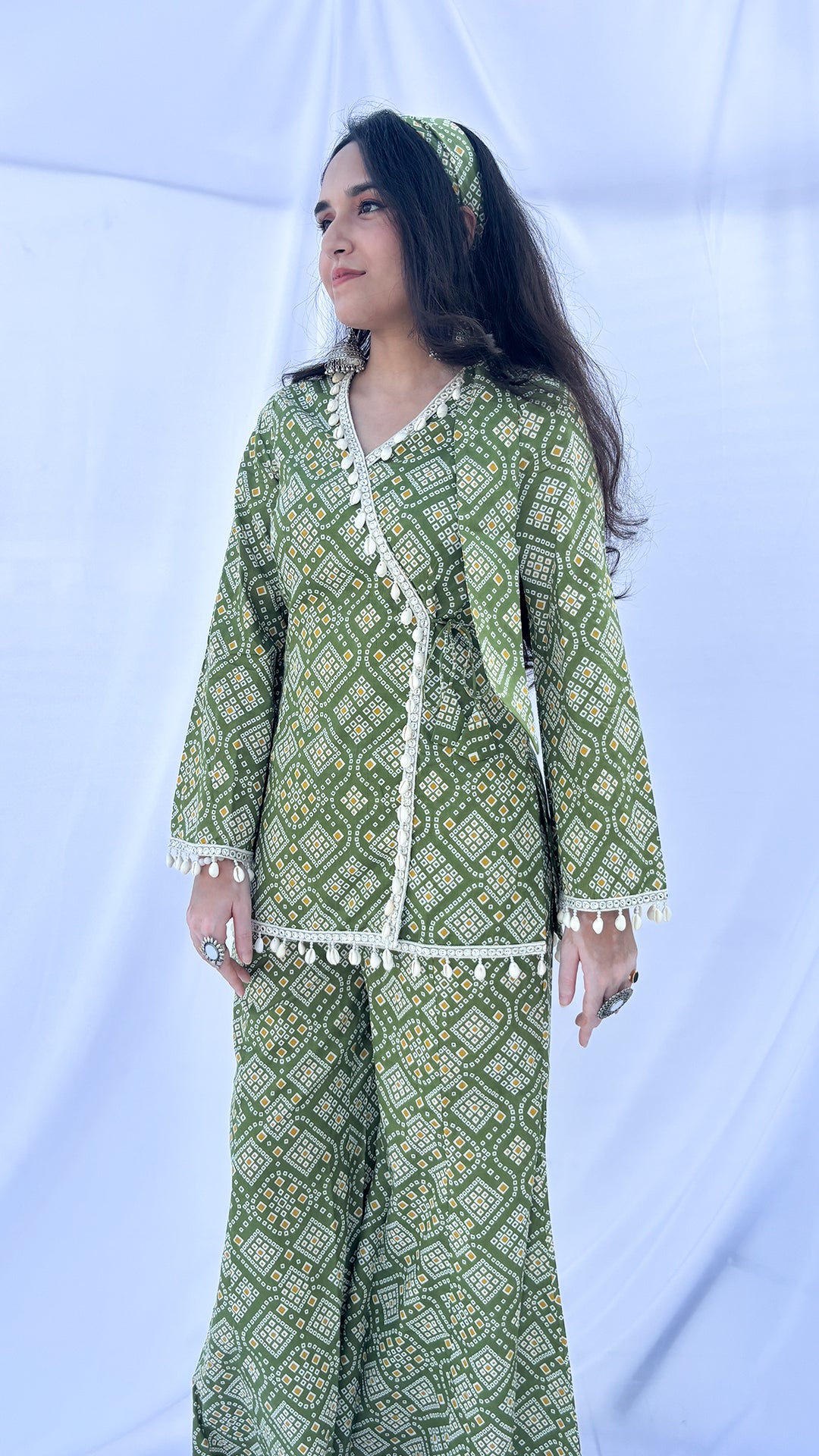 Olive Green Bandhani Print Co-ord Set with Corset Back & Scarf