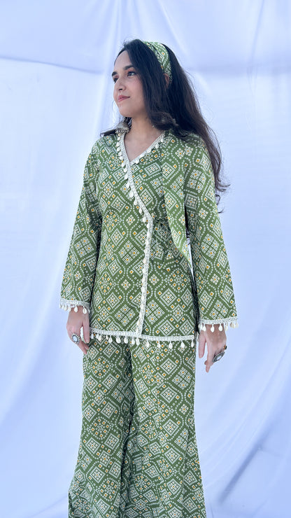 Olive Green Bandhani Print Co-ord Set with Corset Back & Scarf
