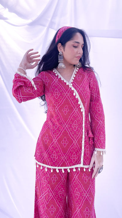 Pink Bandhani Print Co-ord Set with Corset Back & Scarf