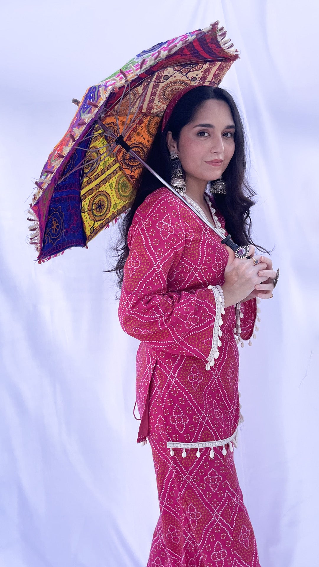 Pink Bandhani Print Co-ord Set with Corset Back & Scarf