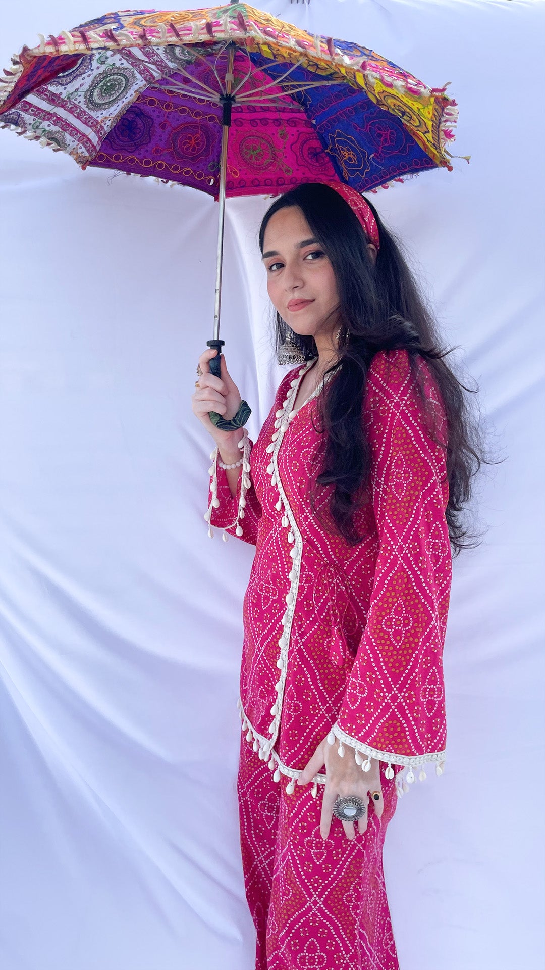 Pink Bandhani Print Co-ord Set with Corset Back & Scarf