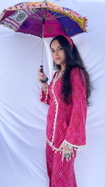 Pink Bandhani Print Co-ord Set with Corset Back & Scarf