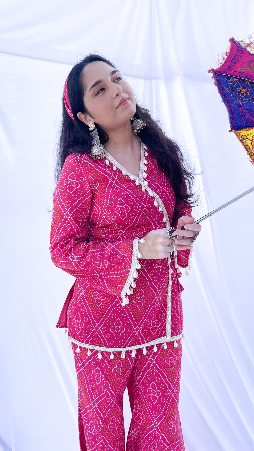 Pink Bandhani Print Co-ord Set with Corset Back & Scarf