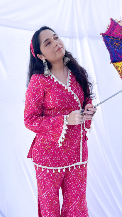 Pink Bandhani Print Co-ord Set with Corset Back & Scarf