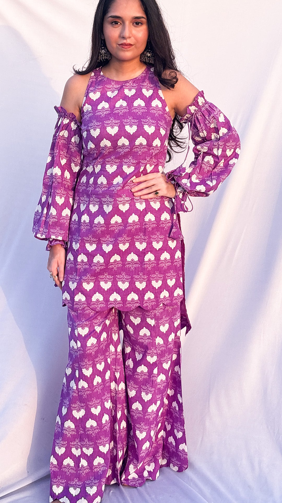 Purple Ethnic Motif Cold-Shoulder Pure Cotton Halterneck Corset Kurti Set With Scarf