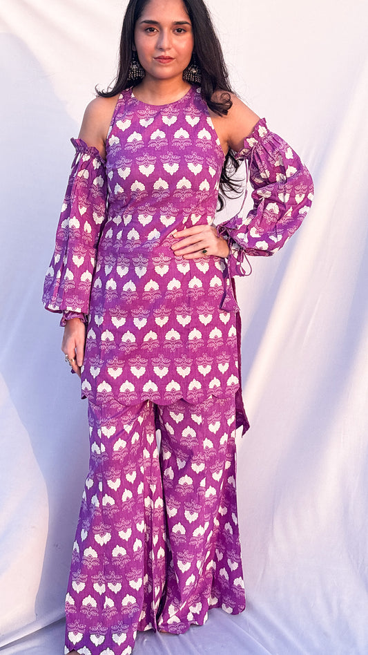 Purple Ethnic Motif Cold-Shoulder Pure Cotton Halterneck Corset Kurti Set With Scarf