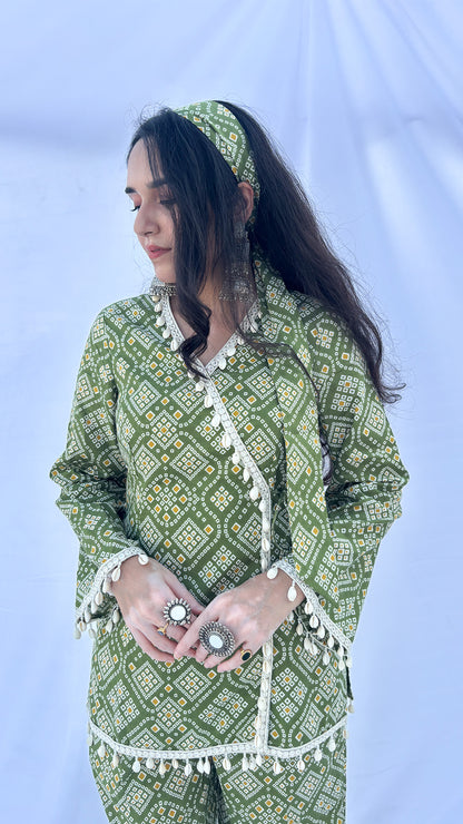 Olive Green Bandhani Print Co-ord Set with Corset Back & Scarf