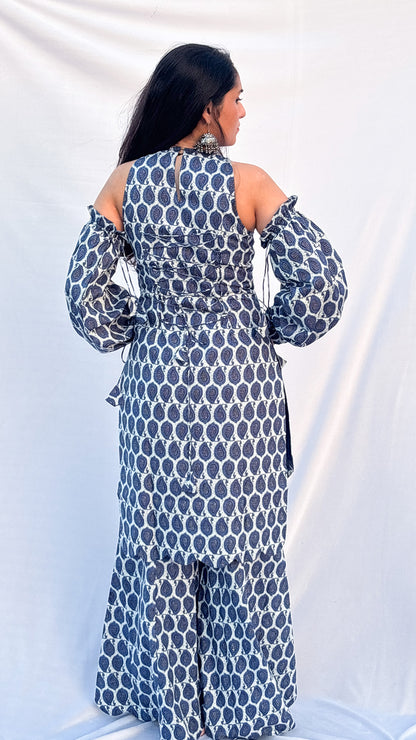 Blue Ethnic Bagh Print Cold-Shoulder Pure Cotton halterneck Corset Kurti Set With Scarf