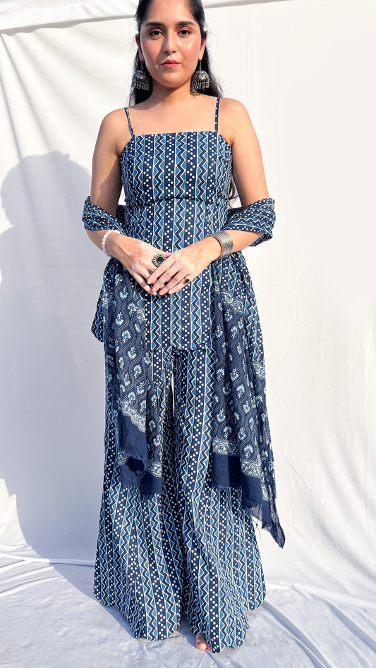 Indigo Handblock Printed Corset  Sharara Set with Dupatta And Scarf