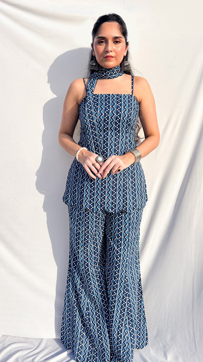 Indigo Handblock Printed Corset  Sharara Set with Dupatta And Scarf