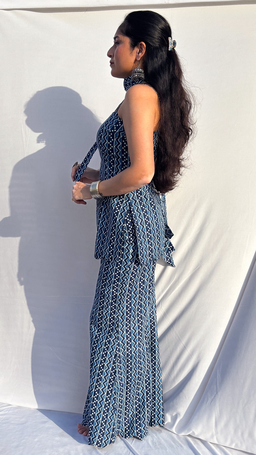 Indigo Handblock Printed Corset  Sharara Set with Dupatta And Scarf