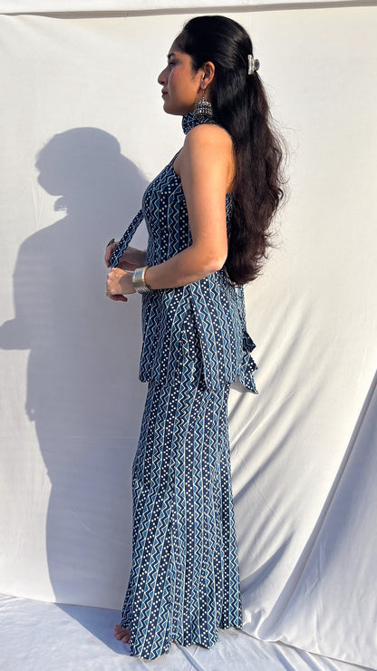 Indigo Handblock Printed Corset  Sharara Set with Dupatta And Scarf