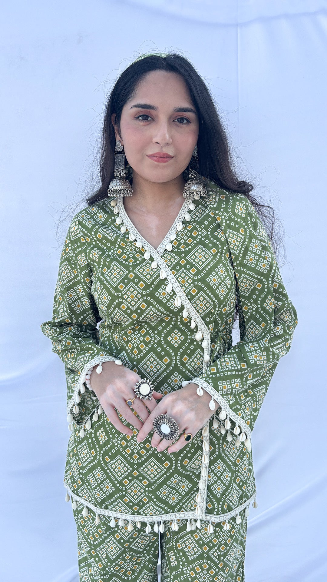 Olive Green Bandhani Print Co-ord Set with Corset Back & Scarf