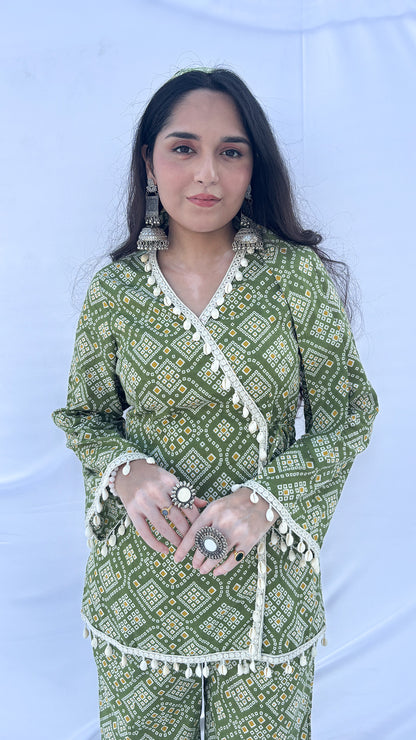 Olive Green Bandhani Print Co-ord Set with Corset Back & Scarf