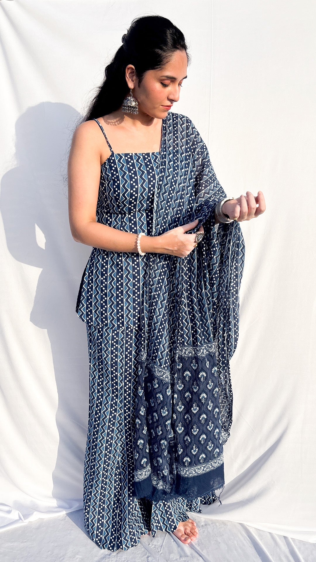 Indigo Handblock Printed Corset  Sharara Set with Dupatta And Scarf