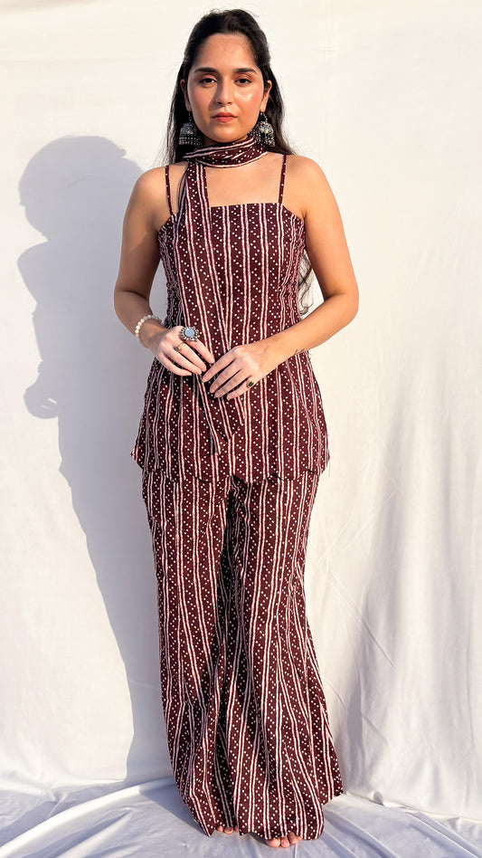Maroon Handblock Printed Corset kurti Set with Scarf