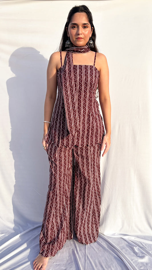 Maroon Handblock Printed Corset kurti Set with Scarf