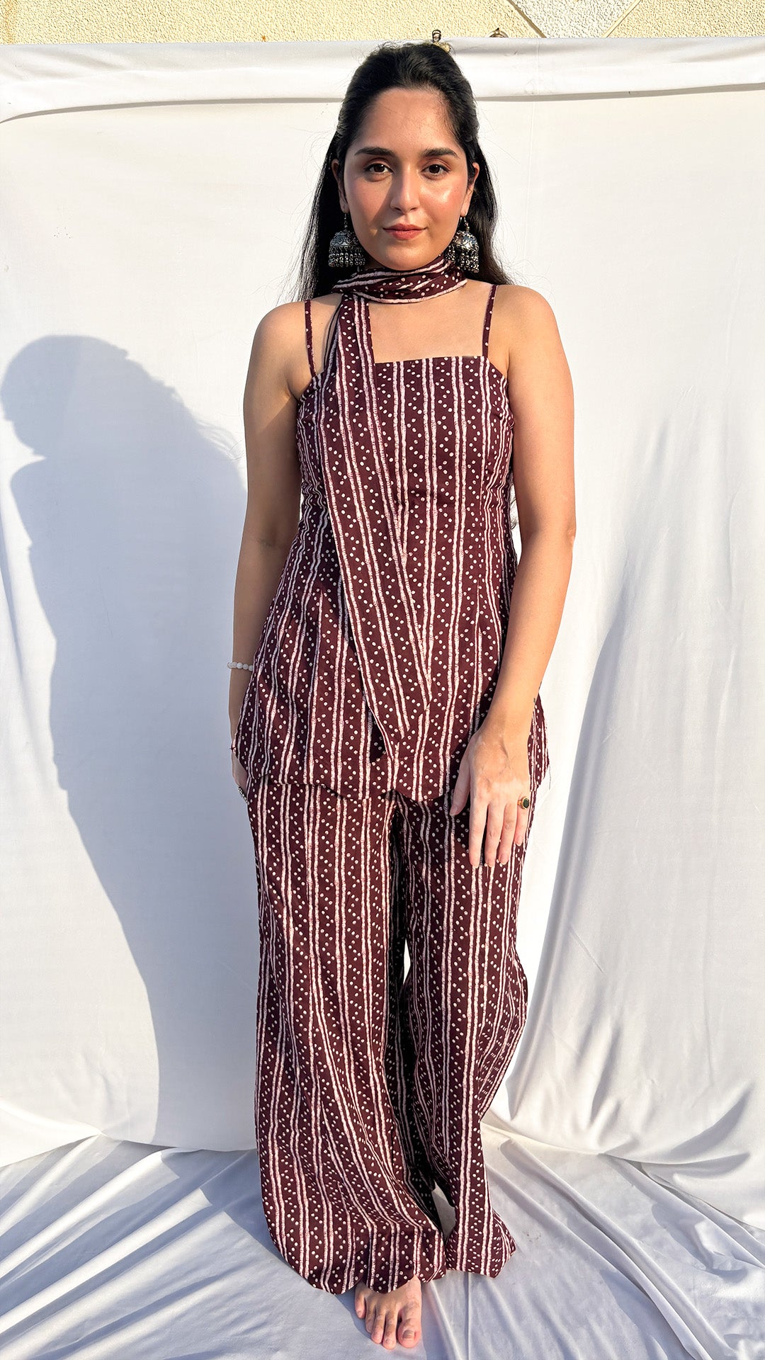 Maroon Handblock Printed Corset kurti Set with Scarf