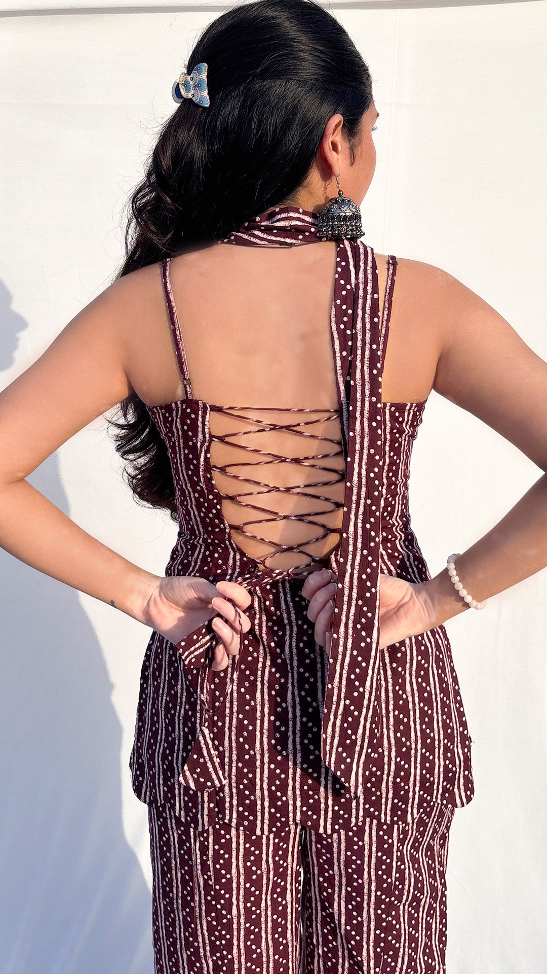 Maroon Handblock Printed Corset kurti Set with Scarf