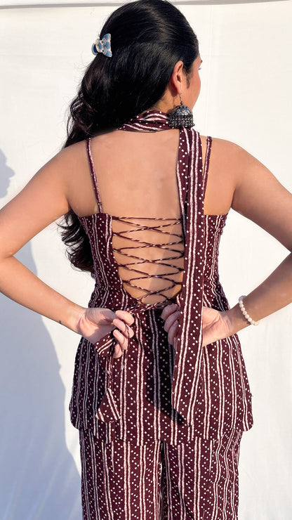 Maroon Handblock Printed Corset kurti Set with Scarf
