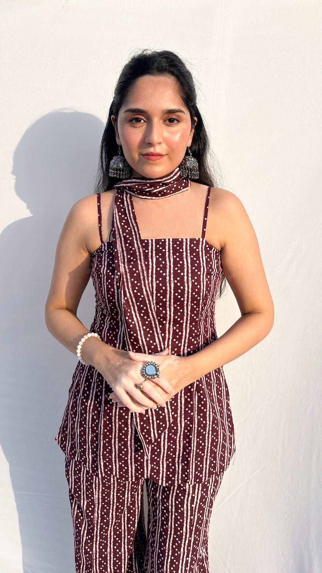 Maroon Handblock Printed Corset kurti Set with Scarf