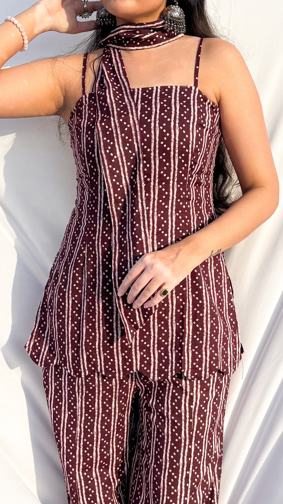 Maroon Handblock Printed Corset kurti Set with Scarf