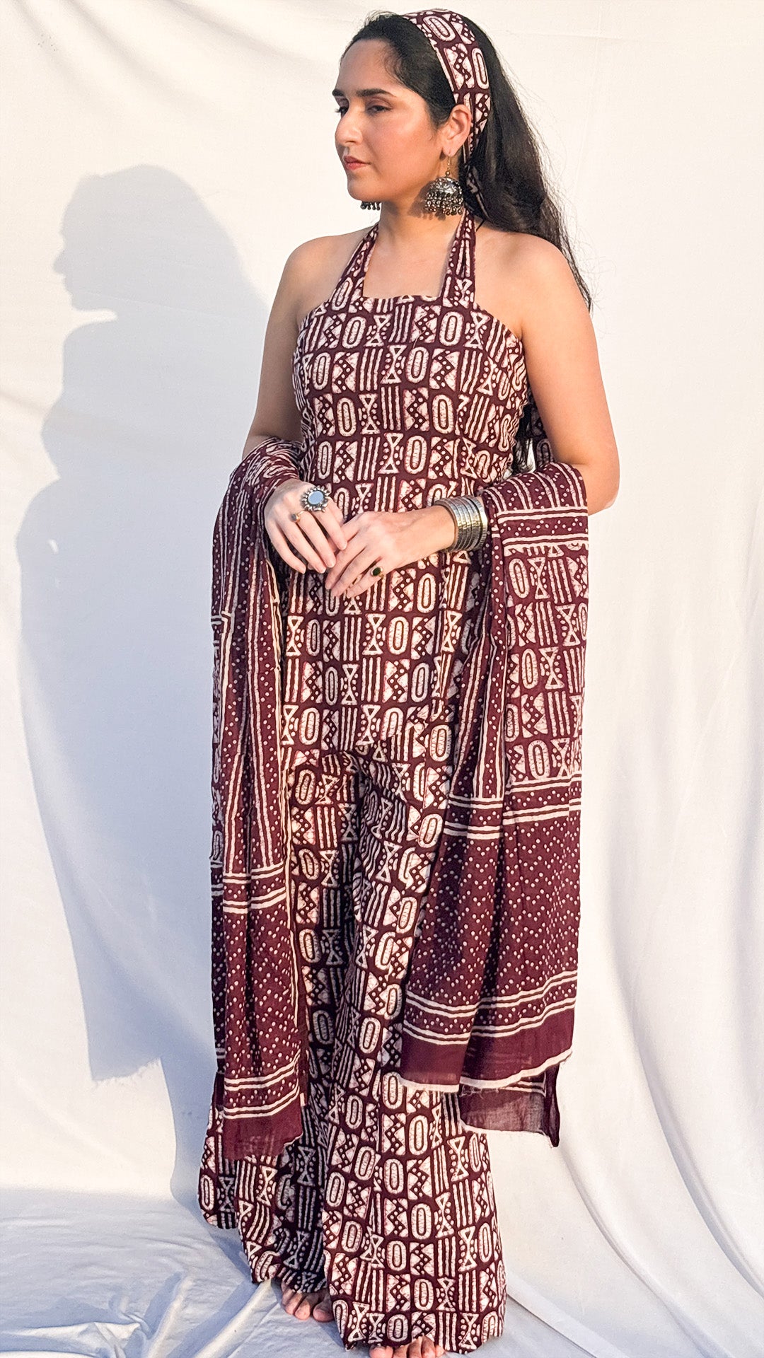 Maroon Halter Neck Handblock Printed Corset  Sharara Set with Dupatta And Scarf