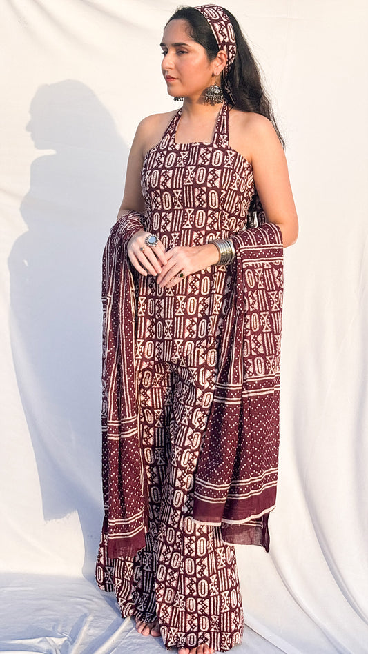 Maroon Halter Neck Handblock Printed Corset  Sharara Set with Dupatta And Scarf