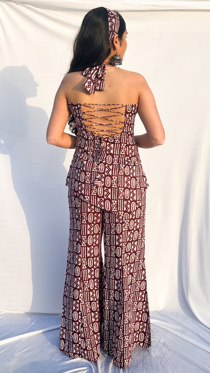 Maroon Halter Neck Handblock Printed Corset  Sharara Set with Dupatta And Scarf