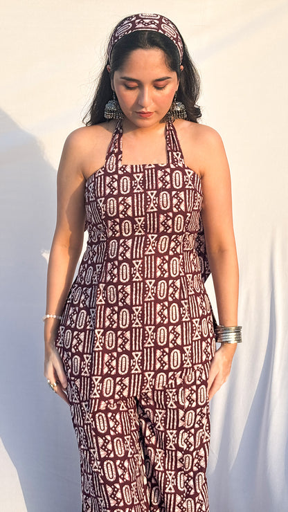 Maroon Halter Neck Handblock Printed Corset  Sharara Set with Dupatta And Scarf