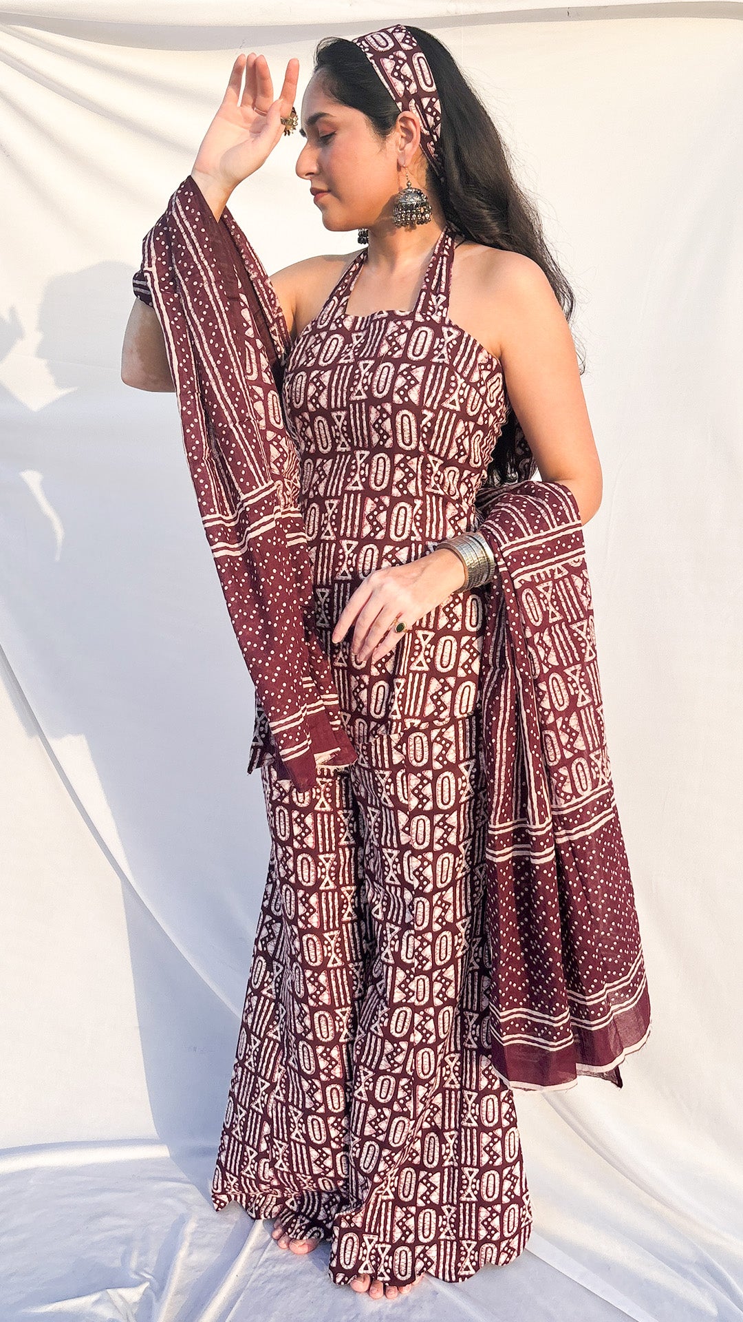 Maroon Halter Neck Handblock Printed Corset  Sharara Set with Dupatta And Scarf