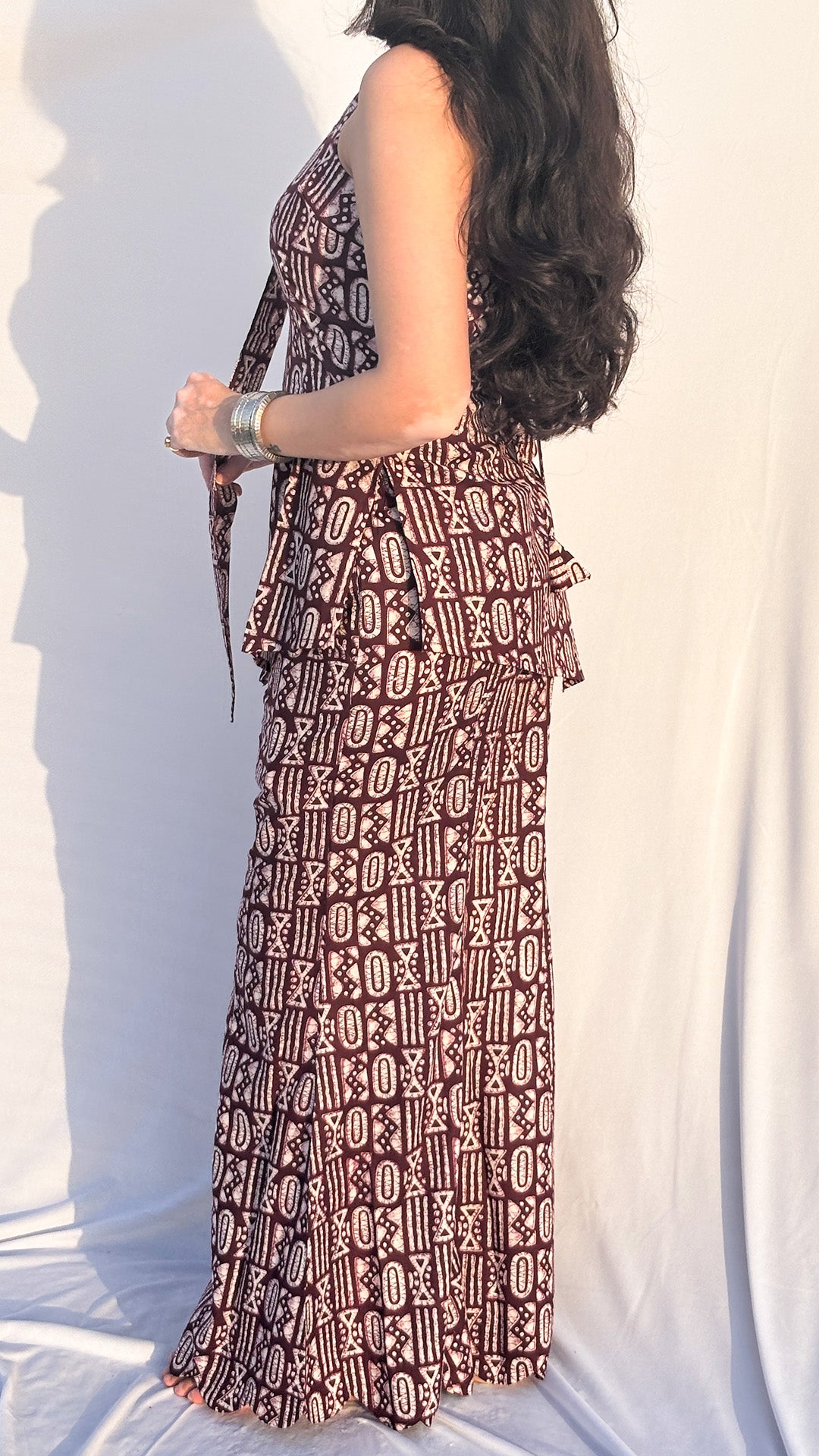 Maroon Halter Neck Handblock Printed Corset  Sharara Set with Dupatta And Scarf