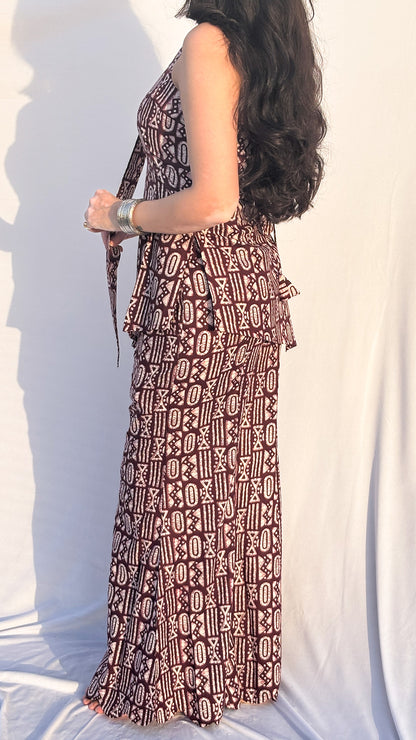Maroon Halter Neck Handblock Printed Corset  Sharara Set with Dupatta And Scarf