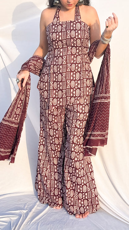 Maroon Halter Neck Handblock Printed Corset  Sharara Set with Dupatta And Scarf