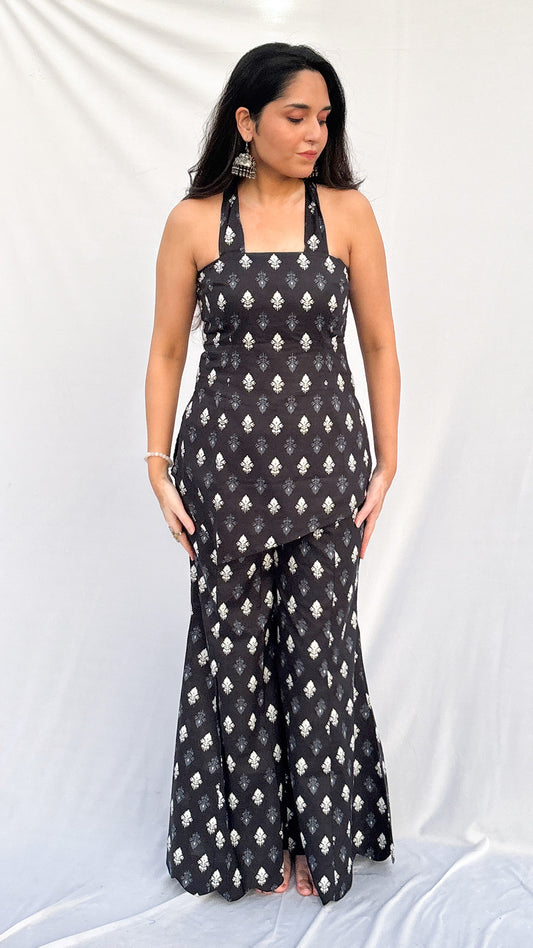 Charcoal black Halter Neck Handblock Printed Corset  kurti Set with Scarf