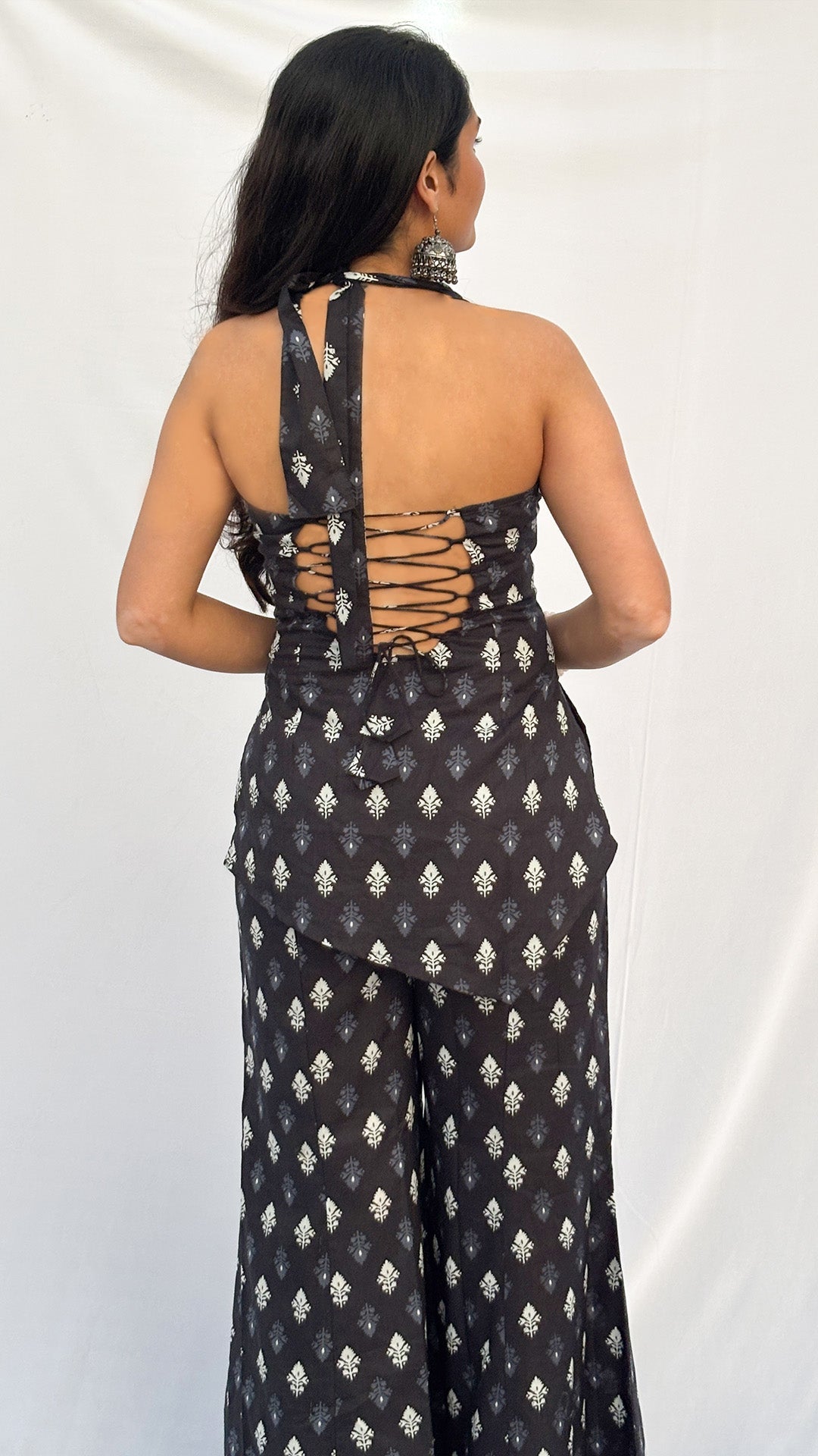 Charcoal black Halter Neck Handblock Printed Corset  kurti Set with Scarf