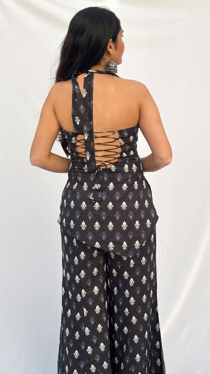 Charcoal black Halter Neck Handblock Printed Corset  kurti Set with Scarf