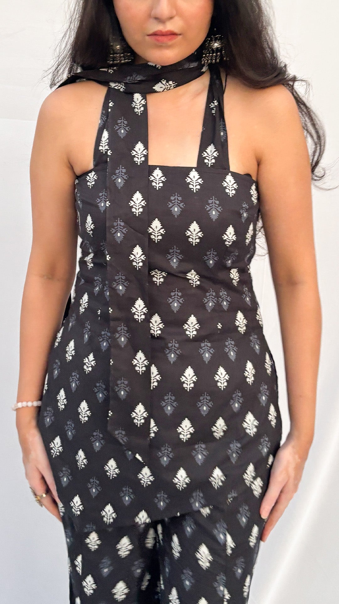 Charcoal black Halter Neck Handblock Printed Corset  kurti Set with Scarf