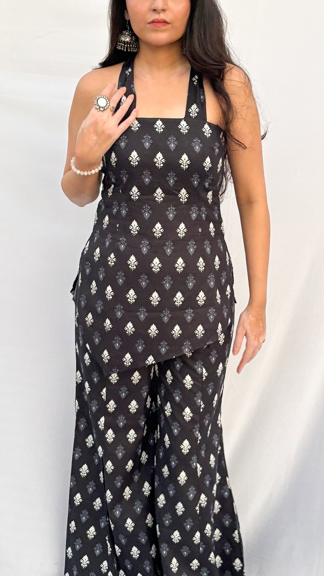 Charcoal black Halter Neck Handblock Printed Corset  kurti Set with Scarf